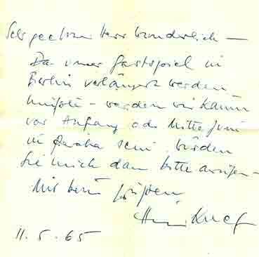 Brief von Hildegard Knef an Dieter Wunderlich